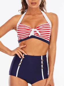 Stripe Taille haute Sangle Élégante Sports Bikinis Maillots De Bain