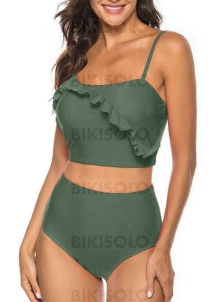 Couleur Unie Taille Haute À Bretelles Sexy Bikinis Maillots De Bain Vert / S