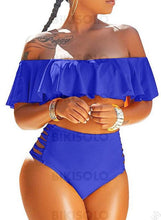Charger l&#39;image dans la galerie, Couleur Unie Taille Haute Froufrous Épaule Dénudée Sexy Attrayant Bikinis Maillots De Bain