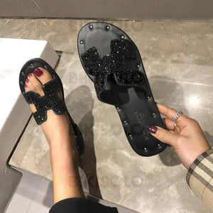 Femmes Pu Talon Plat Sandales À Bout Ouvert Chaussons Avec Paillette Rivet Chaussures