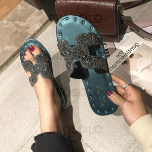 Femmes Pu Talon Plat Sandales À Bout Ouvert Chaussons Avec Paillette Rivet Chaussures