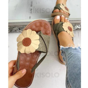 Femmes Pu Talon Plat Sandales Chaussons Avec Une Fleur Chaussures