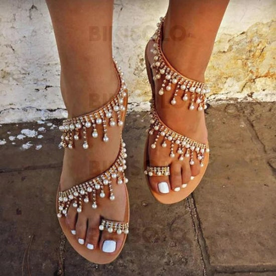 Femmes Similicuir Talon Plat Sandales Chaussures Plates À Bout Ouvert Escarpins Avec Perle