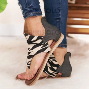 Femmes Similicuir Tissu Talon Plat Sandales Avec La Copie Animale Zip Chaussures