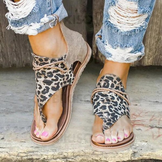 Femmes Similicuir Tissu Talon Plat Sandales Avec La Copie Animale Zip Chaussures