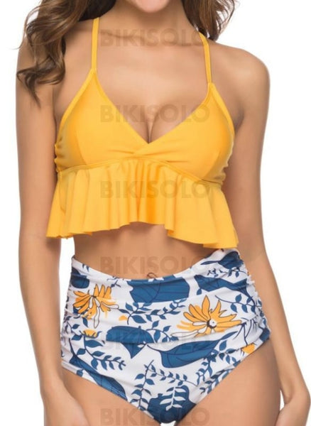 Imprimé Tropical Sangle Élégante Bikinis Maillots De Bain Jaune / S