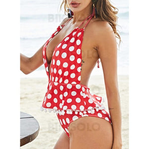 À Pois Imprimé Dos Nu Col V Sexy Mignon Grande Taille Une Pièce Maillots De Bain