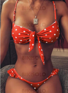 À Pois Taille Basse Noué Bretelles Sexy La Mode Bikinis Maillots De Bain Rouge / S