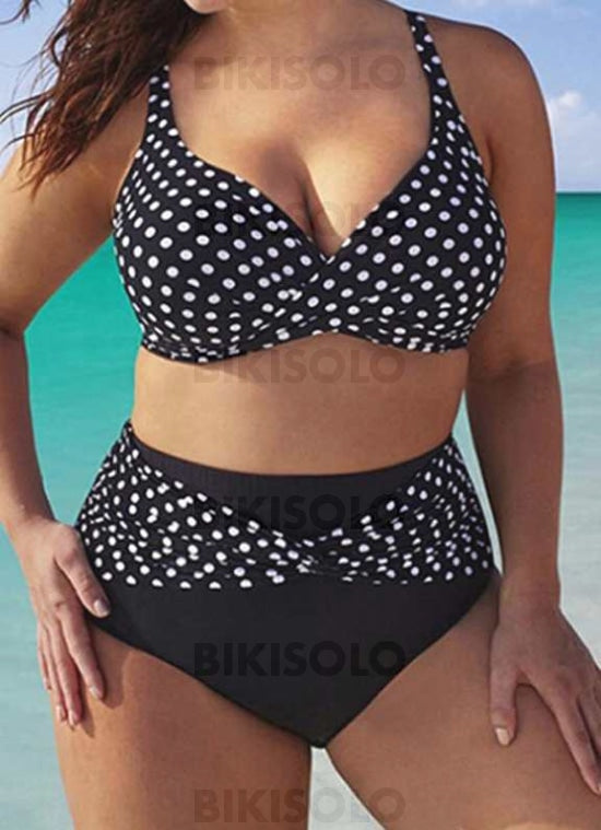 À Pois Taille Haute Bretelles Élégante Grande Taille Bikinis Maillots De Bain