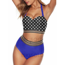 Charger l&#39;image dans la galerie, À Pois Taille Haute Bretelles Mignon Bikinis Maillots De Bain Bleu / S