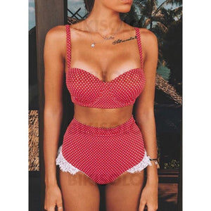 À Pois Taille Haute Bretelles Sexy Bikinis Maillots De Bain Rouge / S