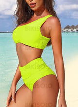 Charger l&#39;image dans la galerie, Bikisolo Femme Couleur Unie Une Épaule Sexy Élégante Jolis Bikinis Maillots De Bain Vert / S