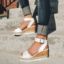 Charger l&#39;image dans la galerie, Bikisolo Femmes Pu Talon Compensé Sandales Compensée À Bout Ouvert Avec Boucle Chaussures Blanc /