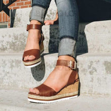 Charger l&#39;image dans la galerie, Bikisolo Femmes Pu Talon Compensé Sandales Compensée À Bout Ouvert Avec Boucle Chaussures Marron