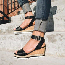 Charger l&#39;image dans la galerie, Bikisolo Femmes Pu Talon Compensé Sandales Compensée À Bout Ouvert Avec Boucle Chaussures Noir /