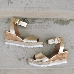 Bikisolo Femmes Pu Talon Compensé Sandales Compensée À Bout Ouvert Avec Boucle Chaussures Or / 35