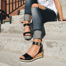 Charger l&#39;image dans la galerie, Bikisolo Femmes Pu Talon Compensé Sandales Compensée À Bout Ouvert Avec Boucle Chaussures