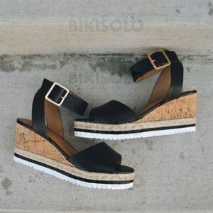 Bikisolo Femmes Pu Talon Compensé Sandales Compensée À Bout Ouvert Avec Boucle Chaussures
