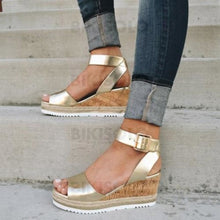 Charger l&#39;image dans la galerie, Bikisolo Femmes Pu Talon Compensé Sandales Compensée À Bout Ouvert Avec Boucle Chaussures