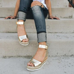 Bikisolo Femmes Pu Talon Compensé Sandales Compensée À Bout Ouvert Avec Boucle Chaussures