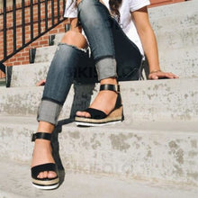 Charger l&#39;image dans la galerie, Bikisolo Femmes Pu Talon Compensé Sandales Compensée À Bout Ouvert Avec Boucle Chaussures