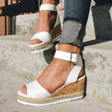 Charger l&#39;image dans la galerie, Bikisolo Femmes Pu Talon Compensé Sandales Compensée À Bout Ouvert Avec Boucle Chaussures