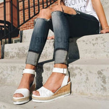 Charger l&#39;image dans la galerie, Bikisolo Femmes Pu Talon Compensé Sandales Compensée À Bout Ouvert Avec Boucle Chaussures