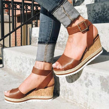 Charger l&#39;image dans la galerie, Bikisolo Femmes Pu Talon Compensé Sandales Compensée À Bout Ouvert Avec Boucle Chaussures