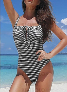 Carreaux Cordon De Serrage À Bretelles Sexy Élégante Jolis Une Pièce Maillots De Bain Noir / S