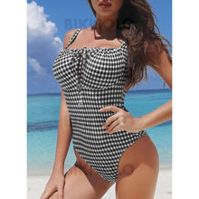 Charger l&#39;image dans la galerie, Carreaux Cordon De Serrage À Bretelles Sexy Élégante Jolis Une Pièce Maillots De Bain