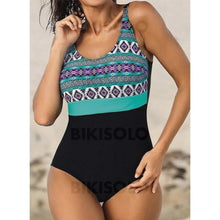 Charger l&#39;image dans la galerie, Coloré Imprimé À Bretelles Col Rond Boho Une Pièce Maillots De Bain Bleu / M