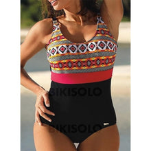 Charger l&#39;image dans la galerie, Coloré Imprimé À Bretelles Col Rond Boho Une Pièce Maillots De Bain Rouge / M
