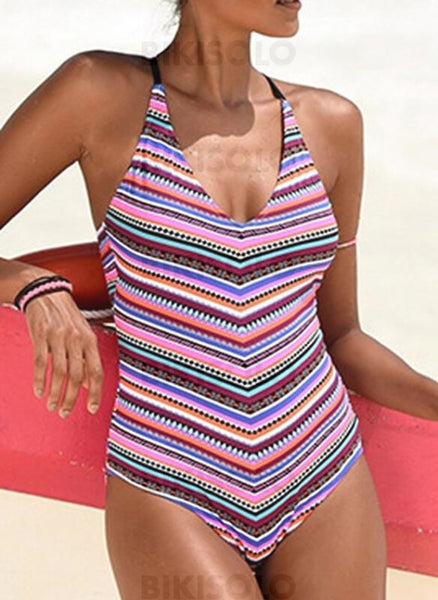 Coloré Traverser Dos Nu Col V Accrocheur Boho Une Pièce Maillots De Bain