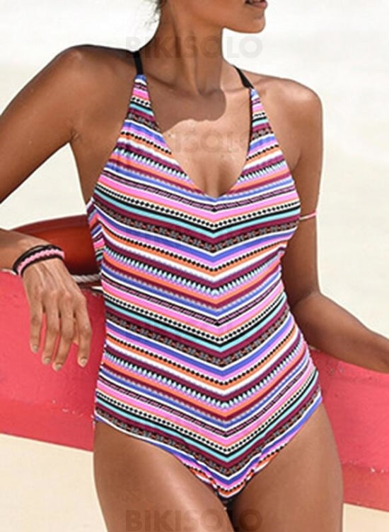 Coloré Traverser Dos Nu Col V Accrocheur Boho Une Pièce Maillots De Bain
