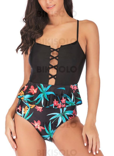 Colorful Sangle Sexy Grande Taille Une Pièce Maillots De Bain Noir / S Piece