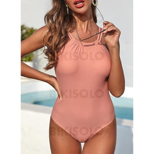 Couleur Unie À Bretelles Col Haut Sexy Une Pièce Maillots De Bain Rosado / S