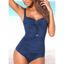 Charger l&#39;image dans la galerie, Couleur Unie À Bretelles Col Rond Sexy Grande Taille Une Pièce Maillots De Bain Bleu Marine / S