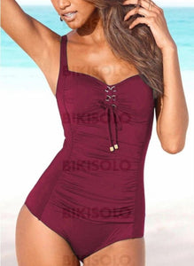 Couleur Unie À Bretelles Col Rond Sexy Grande Taille Une Pièce Maillots De Bain Bordeaux / S