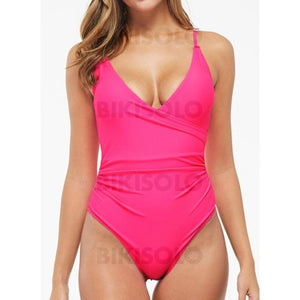 Couleur Unie À Bretelles Col V Élégante La Mode Une Pièce Maillots De Bain Rose Vif / Xs