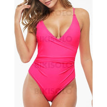 Charger l&#39;image dans la galerie, Couleur Unie À Bretelles Col V Élégante La Mode Une Pièce Maillots De Bain
