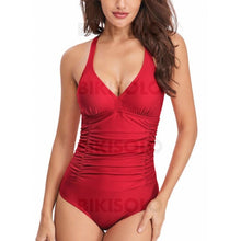 Charger l&#39;image dans la galerie, Couleur Unie À Bretelles Col V Sexy Une Pièce Maillots De Bain Rouge / S