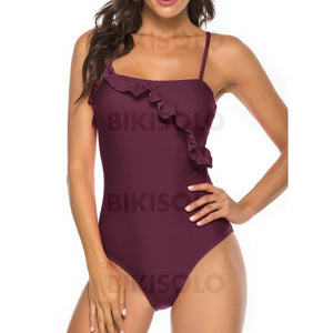 Couleur Unie À Bretelles Élégante Frais Une Pièce Maillots De Bain Bordeaux / S