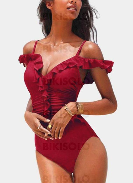 Couleur Unie À Bretelles Élégante Une Pièce Maillots De Bain Rouge / S