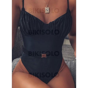 Couleur Unie À Bretelles Sexy Une Pièce Maillots De Bain Noir / S