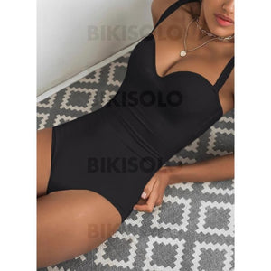 Couleur Unie À Bretelles Sexy Une Pièce Maillots De Bain Noir / S