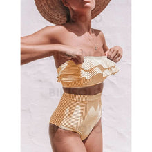 Charger l&#39;image dans la galerie, Couleur Unie Bandeau Taille Haute Sans Bretelle Sexy Bikinis Maillots De Bain Jaune / S