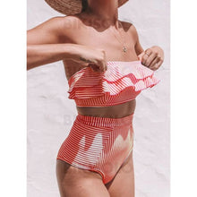 Charger l&#39;image dans la galerie, Couleur Unie Bandeau Taille Haute Sans Bretelle Sexy Bikinis Maillots De Bain Rouge / S