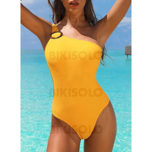 Couleur Unie Carreaux Une Épaule Jolis Attrayant Exceptionnel Pièce Maillots De Bain Jaune / S