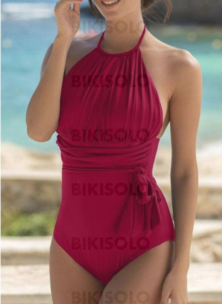 Couleur Unie Col Rond Haut Jolis Attrayant Une Pièce Maillots De Bain Fuchsia / S