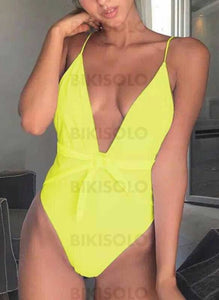 Couleur Unie Col V À La Mode Une Pièce Maillots De Bain Jaune / S Piece